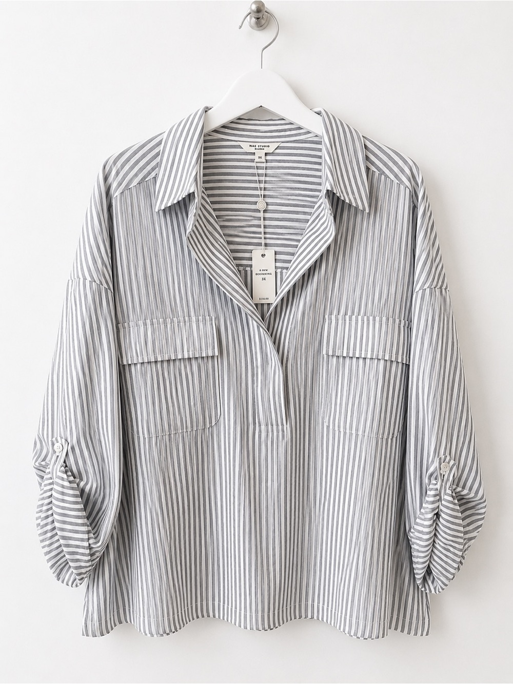 Max Studio London NWT Stripe Popover Blouse 3X Grey White